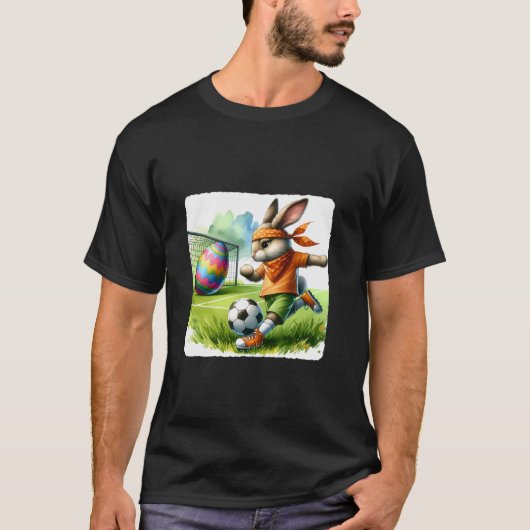 Paaskonijn die voetbal speelt met een feestelijke  t-shirt (Voorkant)