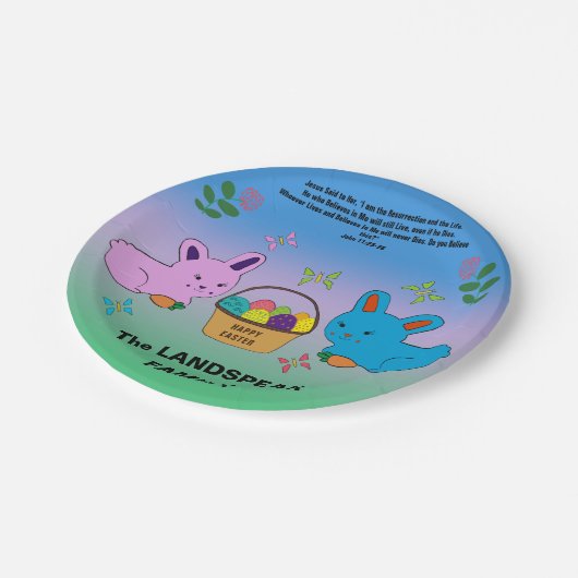 Paaskonijn, eiermandje en bijbelcitaat papieren bordje (Gekanteld)