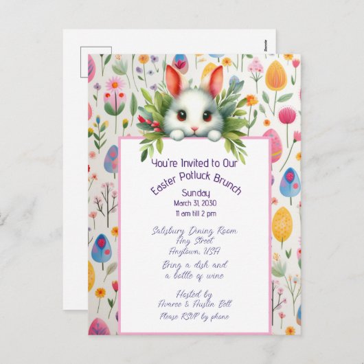 Paaskonijn en eieren Potluck Brunch Uitnodiging (Voorkant / Achterkant)