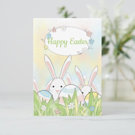 Paaskonijn en eitjes bedankkaart (Staand voorkant)
