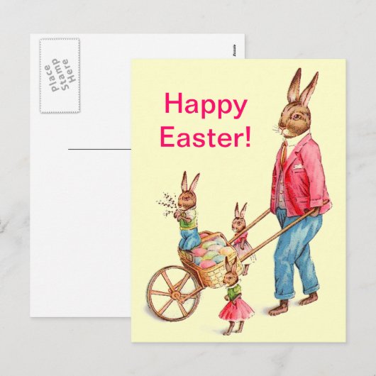 paaskonijn en familie in Egg Cart, ZSSG Feestdagenkaart (Voorkant / Achterkant)