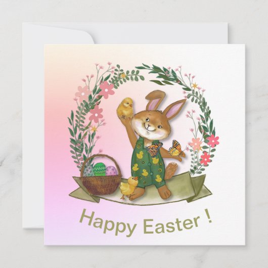 Paaskonijn en kuikens feestdagenkaart (Voorkant)