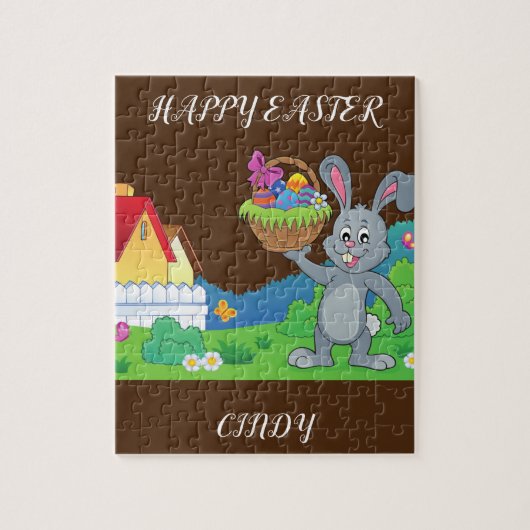 Paaskonijn, mand en huispuzzel op maat gesneden. legpuzzel (Verticaal)