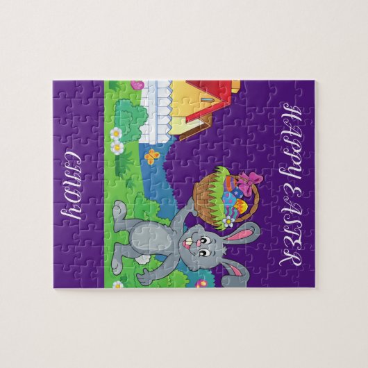 Paaskonijn, mand en huispuzzel op maat gesneden. legpuzzel (Horizontaal)