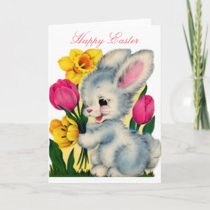  paaskonijn met bloemen uit de jaren veertig feestdagen kaart