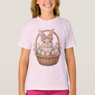 Paaskonijn met bloemenkrans in mand met eieren t-shirt