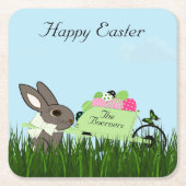 Paaskonijn met een kruiwagen van onderzetters (Voorkant)