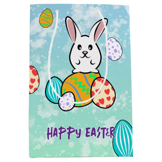 Paaskonijn op paaseieren medium cadeauzakje (Voorkant)