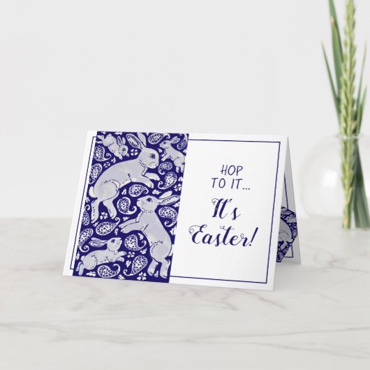Paaskonijn Paisley Blauw & Wit Uniek Konijn Feestdagen Kaart (Voorkant)