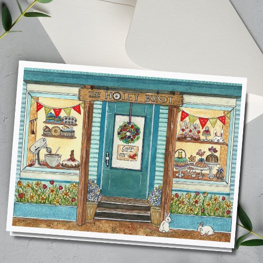 Paaskonijnen en cake winkel waterverf kaart
