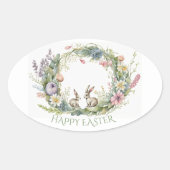 Paaskonijnen in een bloemenkrans ovale sticker (Voorkant)