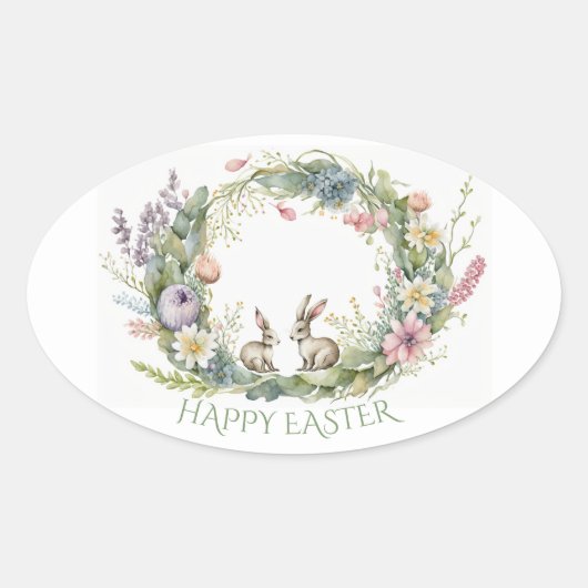 Paaskonijnen in een bloemenkrans ovale sticker (Voorkant)