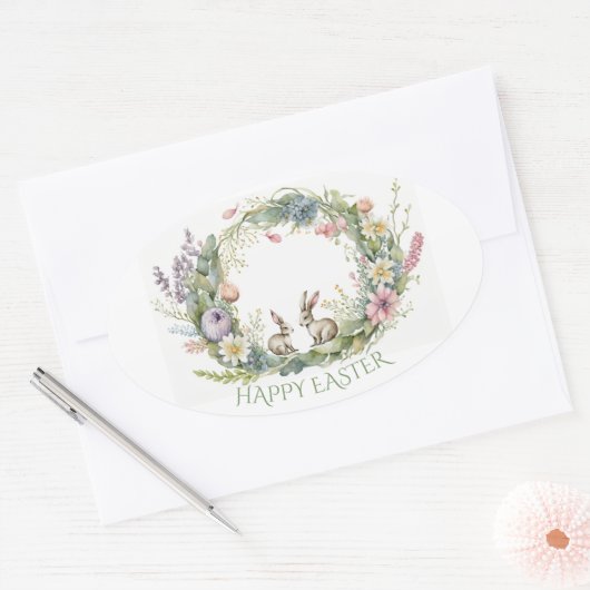 Paaskonijnen in een bloemenkrans ovale sticker (Envelop)