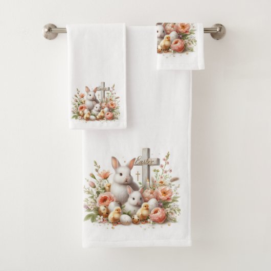 Paaskonijntjes, eendjes, bloemen en kruis bad handdoek (Insitu)