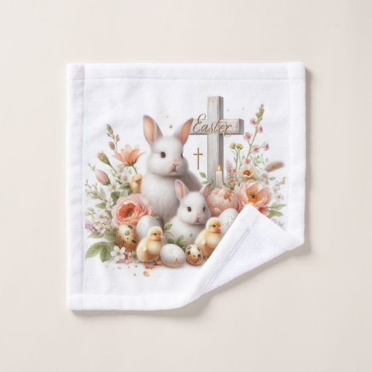 Paaskonijntjes, eendjes, bloemen en kruis bad handdoek (Wasdoekje)