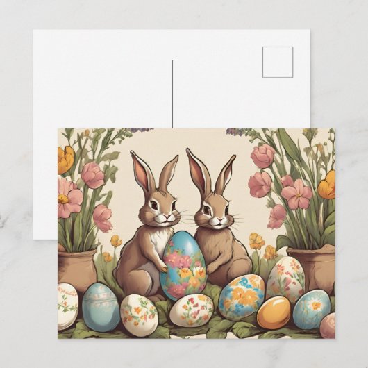 paaskonijntjes en paaseieren feestdagenkaart (Voorkant / Achterkant)