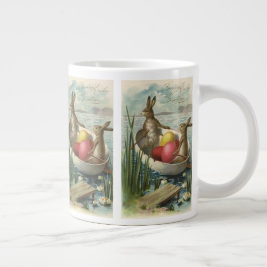 paaskonijntjes in een boot met paaseieren grote koffiekop (Rechts)