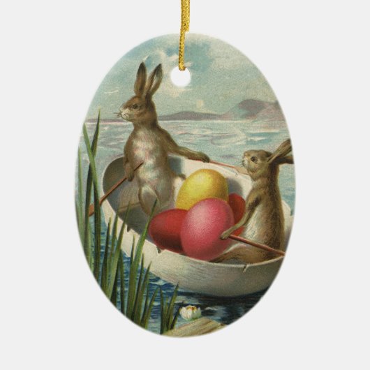  paaskonijntjes in een boot met paaseieren keramisch ornament (Voorkant)