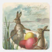  paaskonijntjes in een boot met paaseieren vierkante sticker (Voorkant)