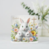 Paaskonijntjes, margrietjes, wilde bloemen en een feestdagenkaart (Staand voorkant)