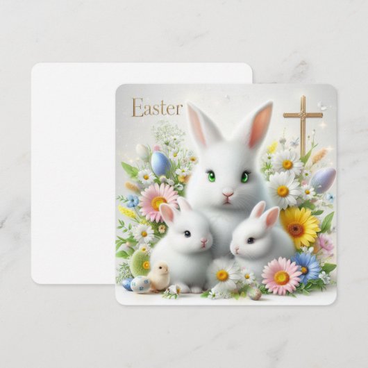 Paaskonijntjes, margrietjes, wilde bloemen en een  feestdagenkaart (Voorkant / Achterkant)