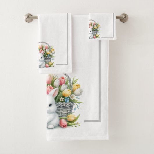 Paaskonijntjes met mand en tulpen bad handdoek (Insitu)