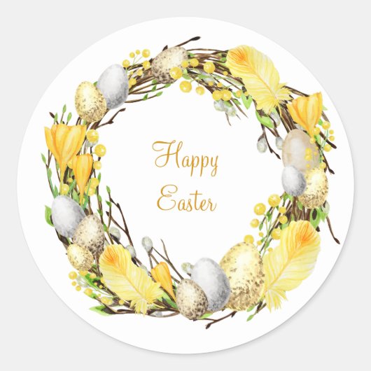 Paaskrans met eieren en gele veren ronde sticker (Voorkant)