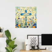 Paaskruis bij veld met bloemen poster (Thuiskantoor)
