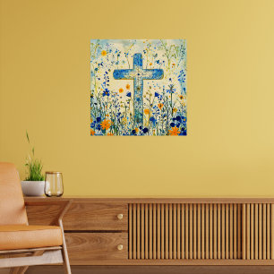 Paaskruis bij veld met bloemen poster