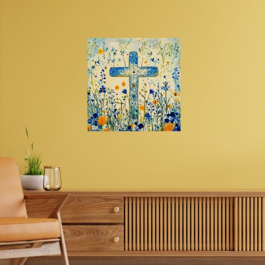 Paaskruis bij veld met bloemen poster (Woonkamer 2)
