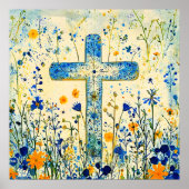 Paaskruis bij veld met bloemen poster (Voorkant)