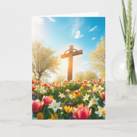 Paaskruis en bloemen feestdagen kaart (Voorkant)