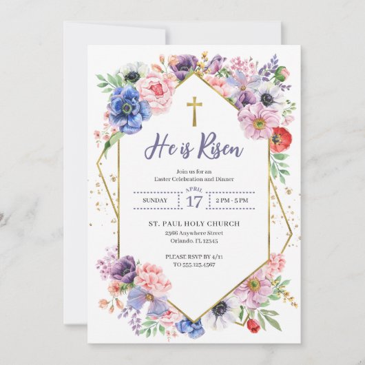 Paaskruis Hij Is Opgewekt Lente Bloemen Kaart (Voorkant)