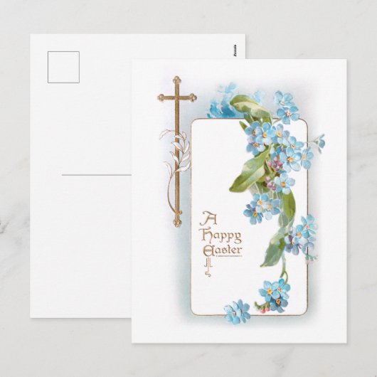 paaskruis met blauw vergeet-me-nots feestdagenkaart (Voorkant / Achterkant)