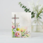 Paaskruis met bloemen en eieren blanco feestdagenkaart (Staand voorkant)