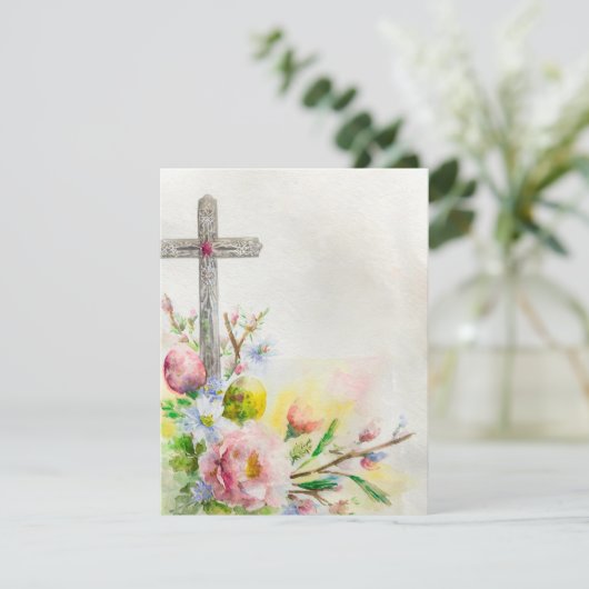 Paaskruis met bloemen en eieren blanco feestdagenkaart (Staand voorkant)