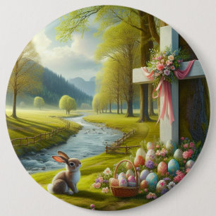 Paaskruis met konijntje & eieren ronde button 6,0 cm
