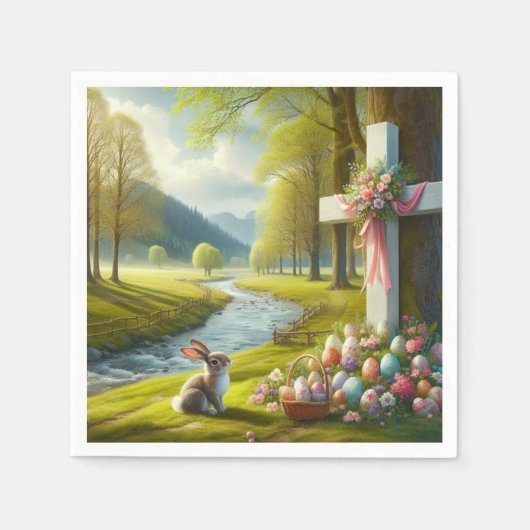 Paaskruis met konijntje & eieren servet (Voorkant)
