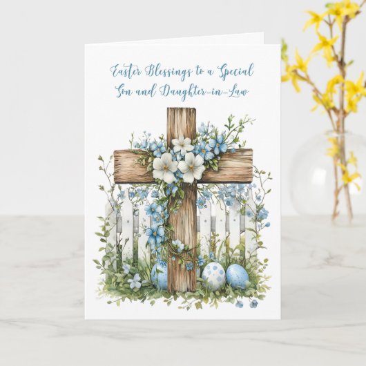 Paaskruis zoon dochter in wet witte hek kaart (Gele Bloem)