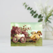  paaskuiken en bloemenwagen feestdagenkaart (Staand voorkant)