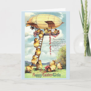  paaskuikens aan boord van een blimp, feestdagen kaart