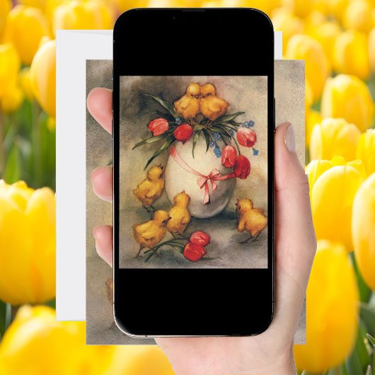  Paaskuikens, Ei met rode tulpenbloemen Feestdagenkaart