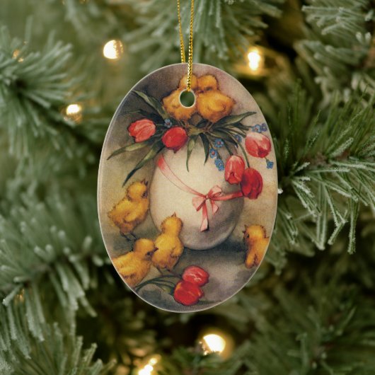 Paaskuikens, Ei met rode tulpenbloemen Keramisch Ornament (Boom)