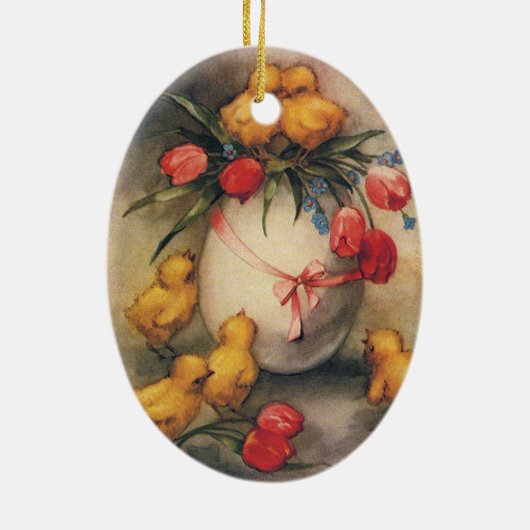  Paaskuikens, Ei met rode tulpenbloemen Keramisch Ornament (Achterkant)