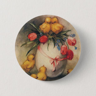 Paaskuikens, Ei met rode tulpenbloemen Ronde Button 5,7 Cm