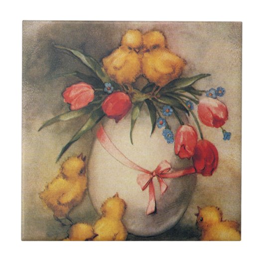  Paaskuikens, Ei met rode tulpenbloemen Tegeltje (Voorkant)