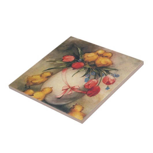  Paaskuikens, Ei met rode tulpenbloemen Tegeltje (Zijkant)