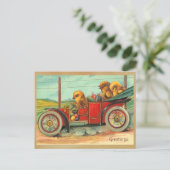 paaskuikens in de auto feestdagenkaart (Staand voorkant)