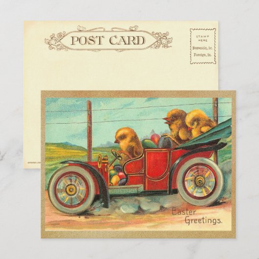 paaskuikens in de auto feestdagenkaart (Voorkant / Achterkant)