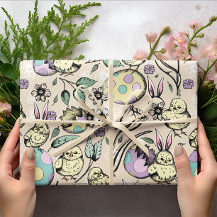 Paaskuikens & konijnenoren, eieren, bloemen cadeaupapier